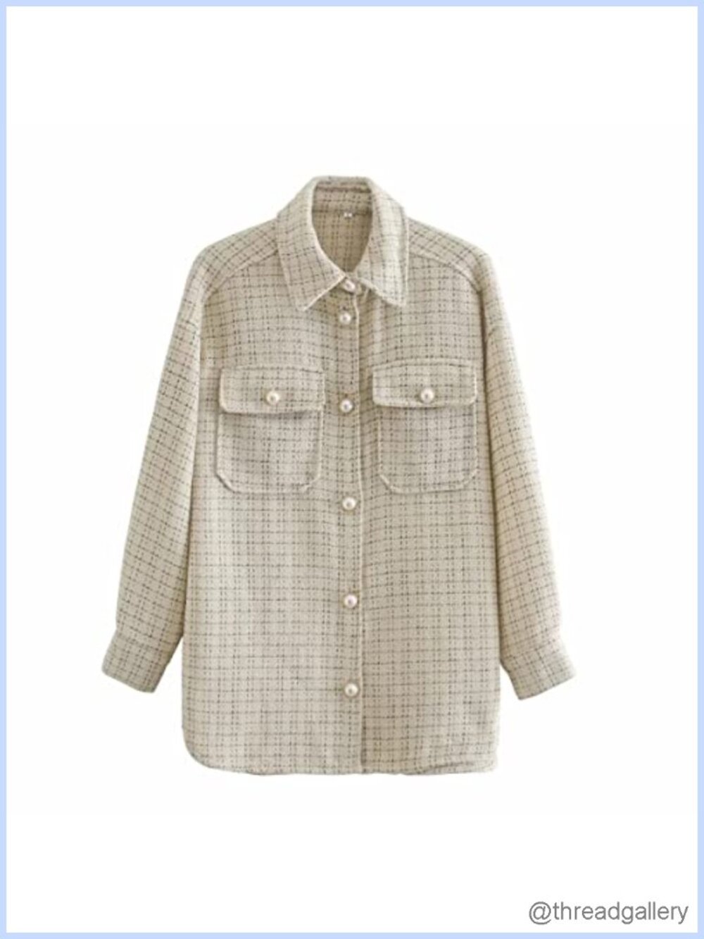 Tweed Plaid Shacket Pearl Button Shirt Jacket Loose Fit